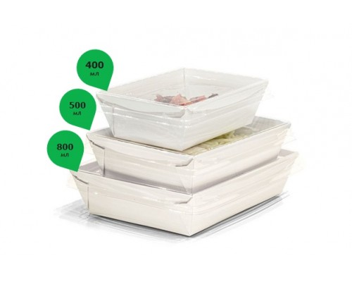Контейнер для еды бумажный  Crystal Box, с плоской крышкой, Белый прямое дно, 400 мл